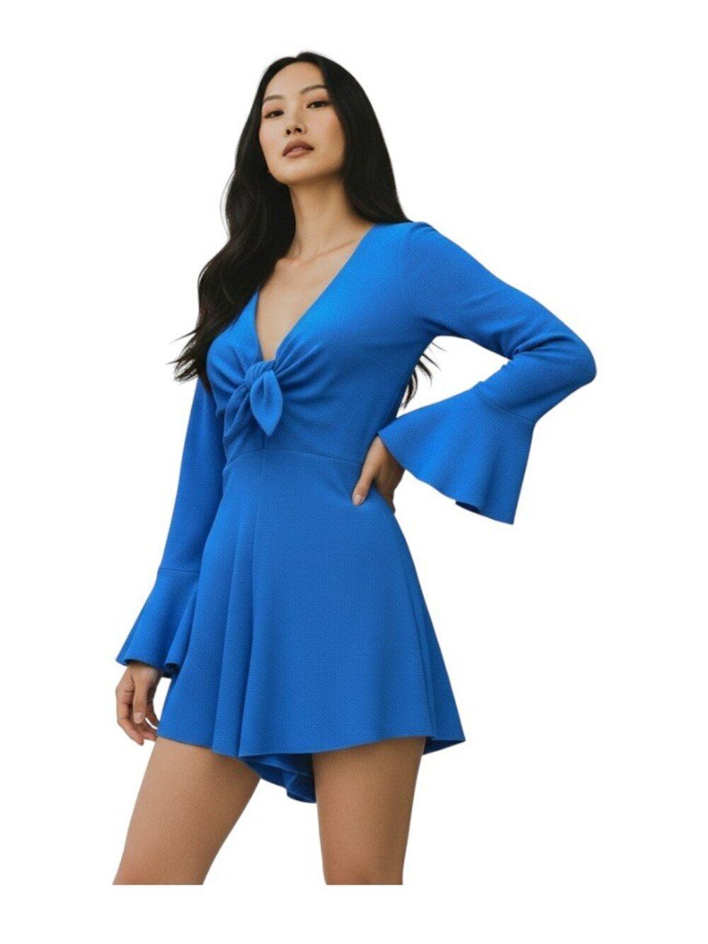 By The Way Revolve Womens XS Blue Romper Bell Sleeve Tie Front V Neck Playsuit